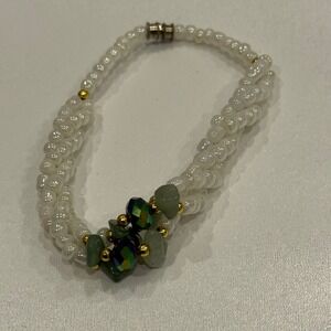 Handmade Beaded Bracelet White faux Pearls Green Gemstone Like Beads Twist Clasp